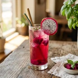 Vibrant pink dragon fruit tea over ice