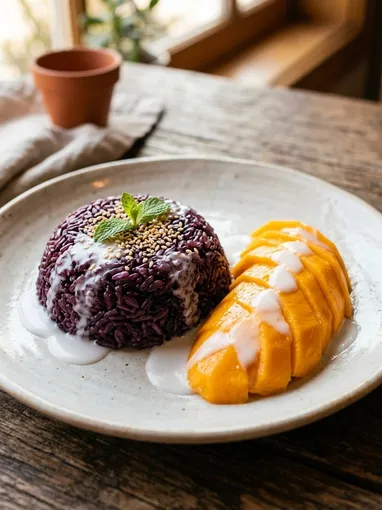 Thai mango sticky rice made with purple sticky rice, fresh mango, and coconut cream, plated at Pada Thai
