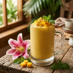A fresh mango smoothie made at Pada Thai, garnished with a tropical flower