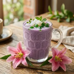 A fresh purple smoothie made at Pada Thai, served in a mason jar and garnished with a lily
