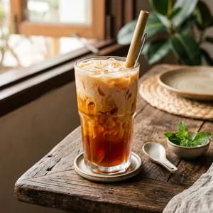 A classic layered Thai iced tea over ice, topped with cream